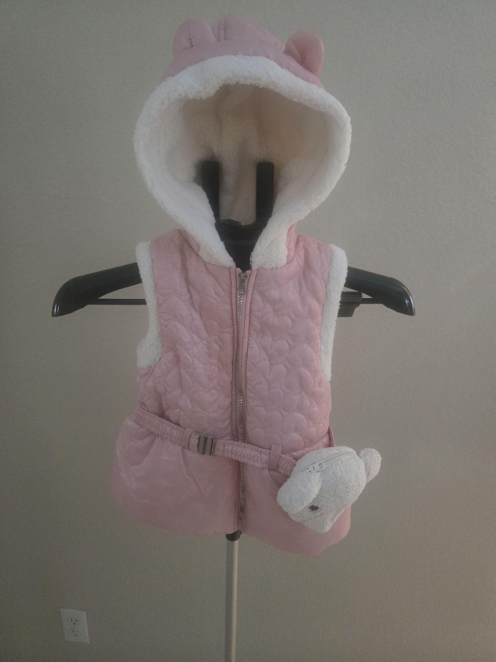 Little Lass Pink Hooded Quilted Vest with Plush Bear Pouch